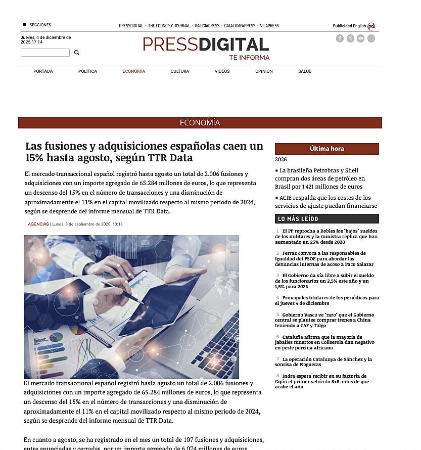 Las fusiones y adquisiciones espaolas caen un 15% hasta agosto, segn TTR Data